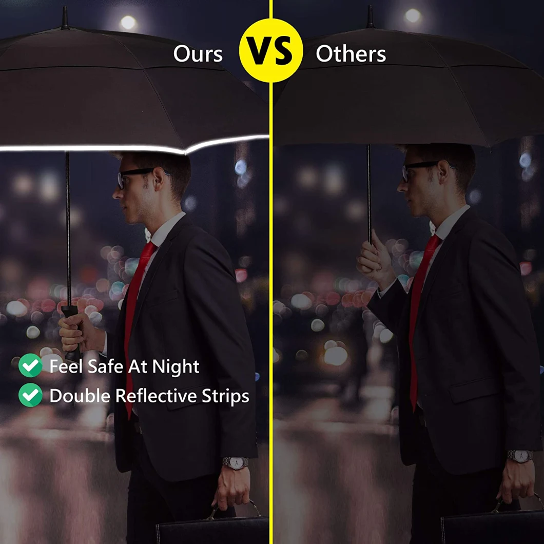 Auto Open Large Golf Umbrella Night Safety Reflective Strip Windproof Waterproof UV Protection Anti-Slip Handle for Raining Days