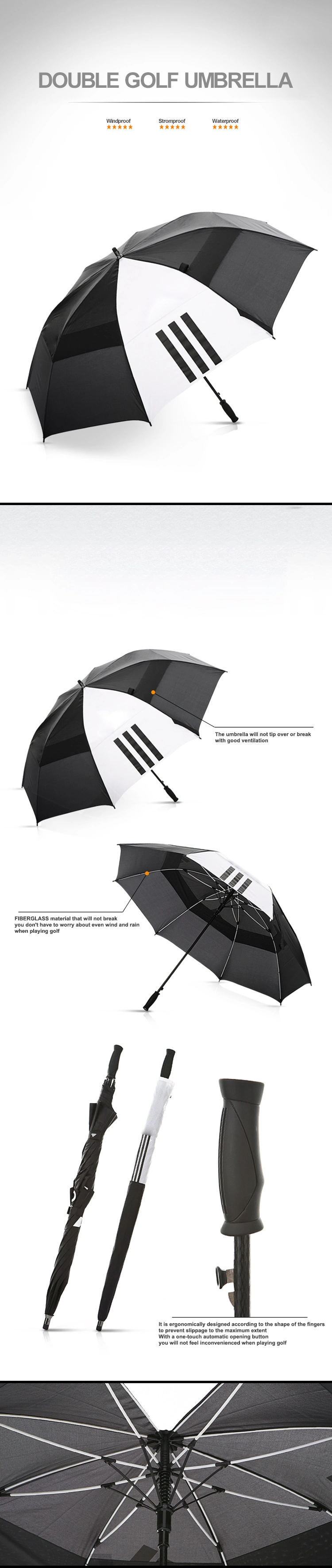 Wholesale High End Luxury 64&quot; Large White and Black Dual Fabric Strong Fiberglass Windproof Auto Custom Golf Umbrella with Logo