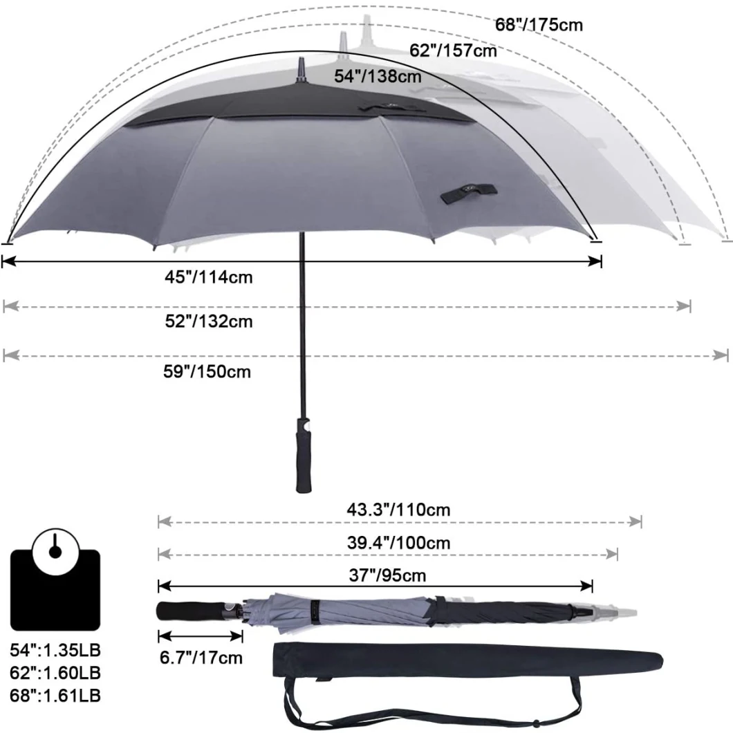 Vented Windproof Waterproof Stick 54/62/68 Inch Automatic Open Golf Umbrella Extra Large Oversize Double Canopy Umbrellas