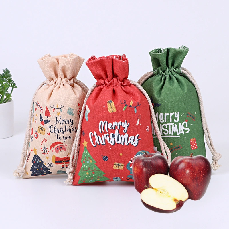 New Printed Canvas Bunch Mouth Christmas Gift Bag Candy Bag Christmas Apple Bag Ping an Fruit Bag