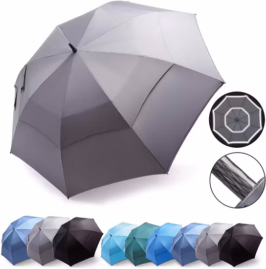 Auto Open Large Golf Umbrella Night Safety Reflective Strip Windproof Waterproof UV Protection Anti-Slip Handle for Raining Days